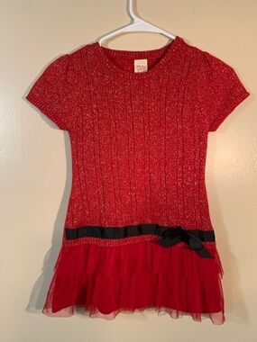 Sparkling Red Knit & Tulle Dress with Black Ribbon size 7/8